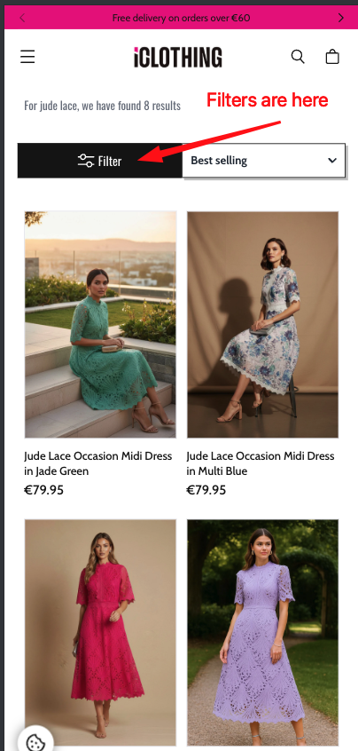 Real world example of mobile with filters hidden behind a "Filters" button