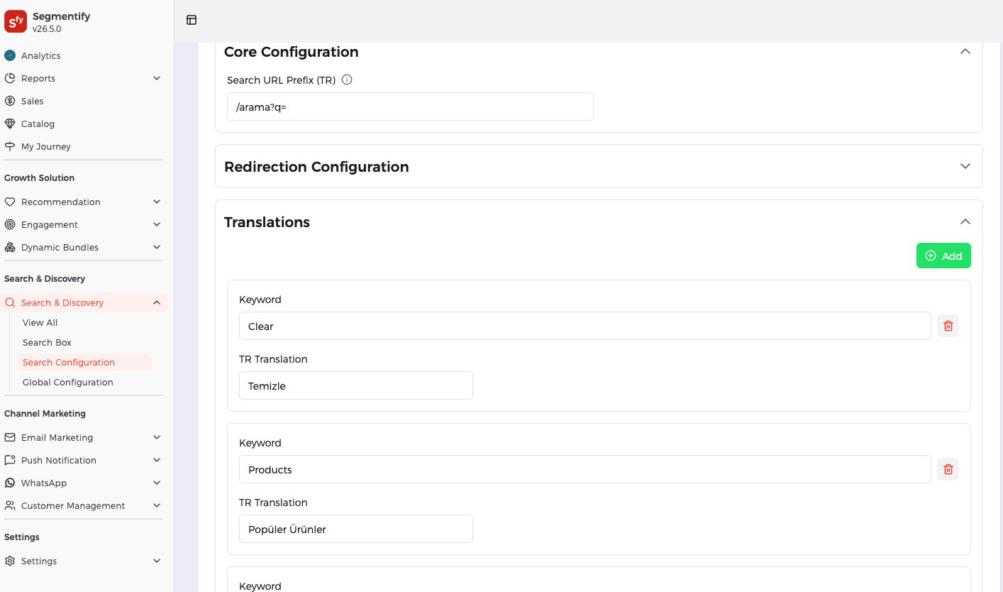 Real-world example of adding new language or values from Segmentify Dashboard