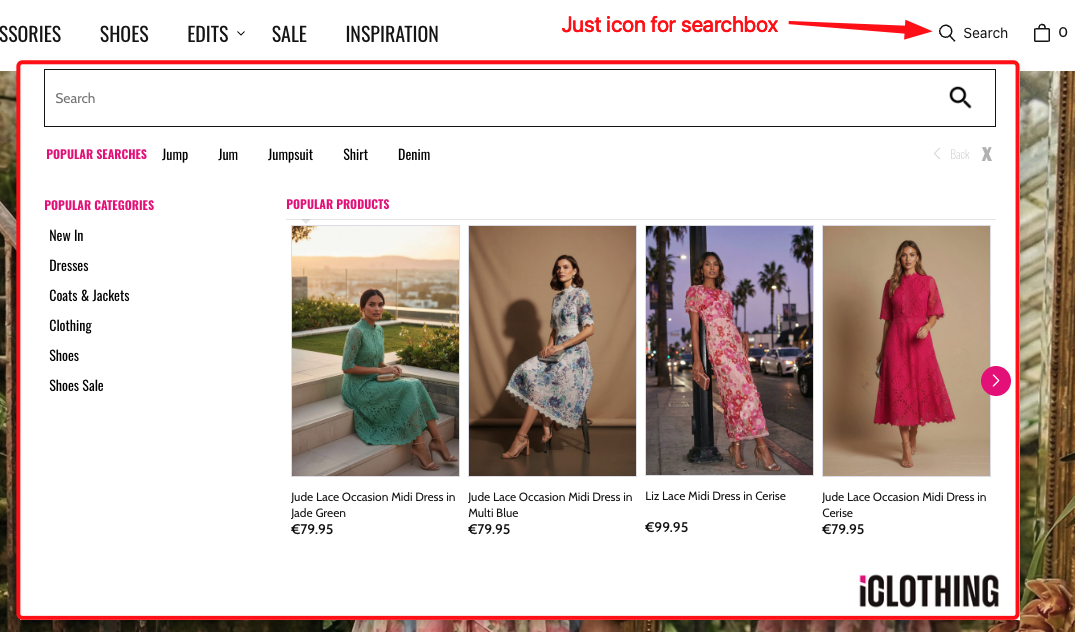 Real world example of transferring typing to the searchbox by clicking the search icon
