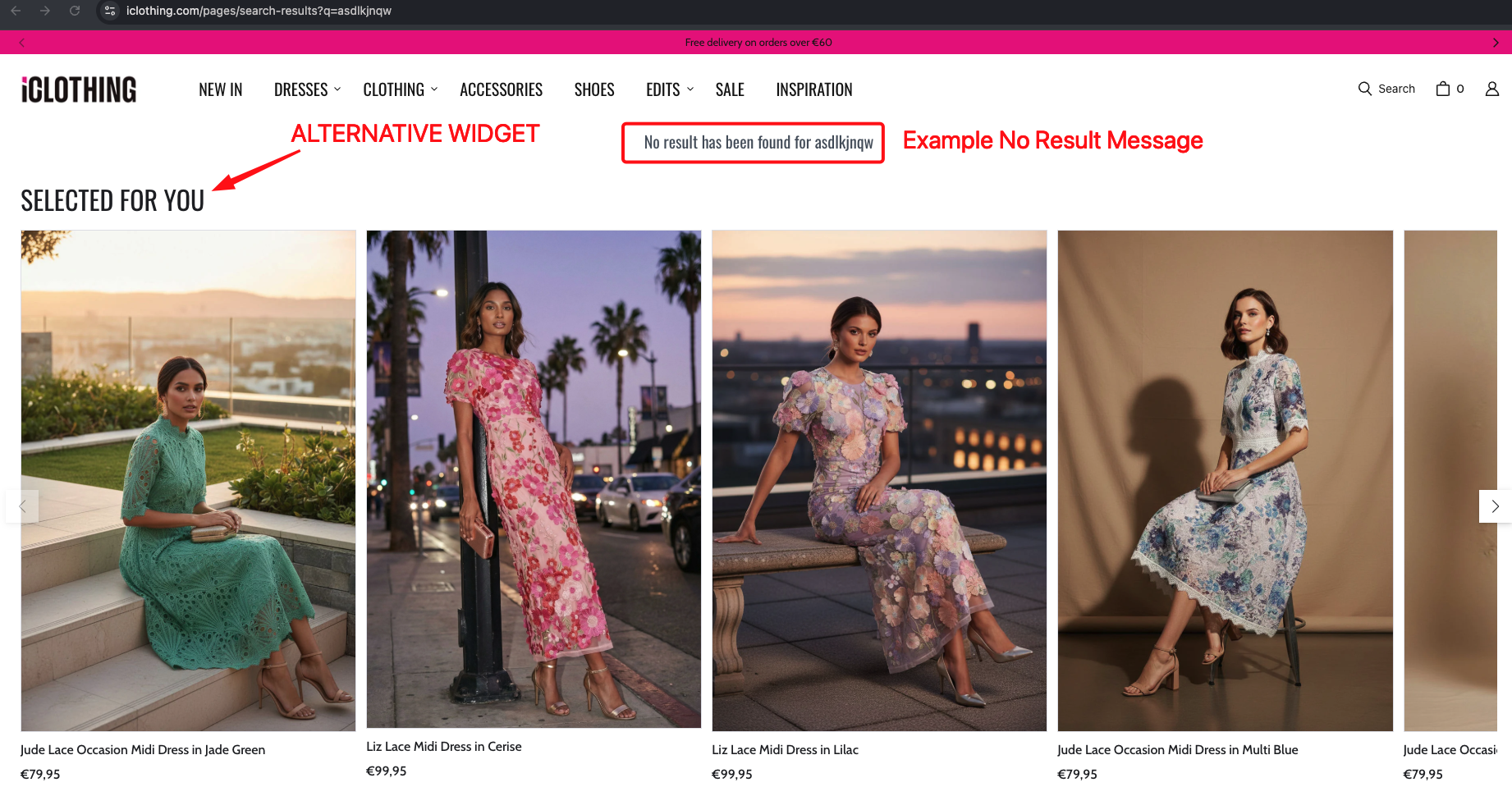 Real world example of a no results message with alternative product recommendations