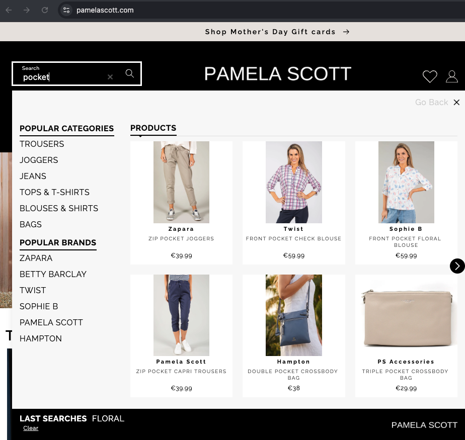 Real world example of the searchbox after search with live product results