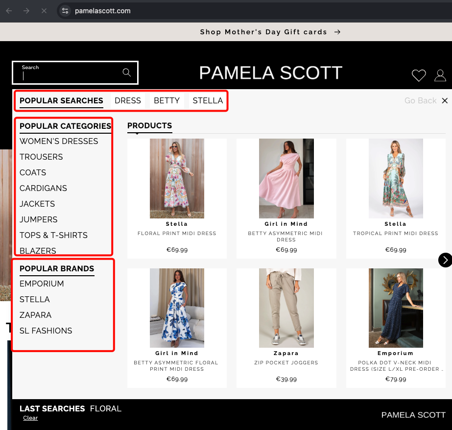 Real world example of the searchbox before search with popular searches, popular categories and popular brands